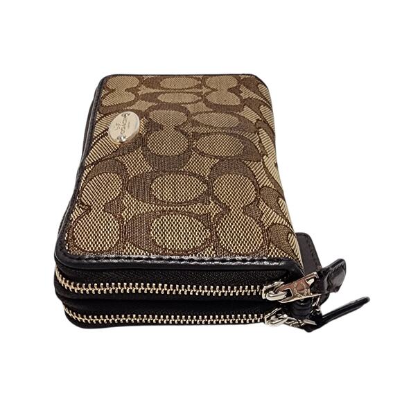 COACH Signature Monogram Fabric Leather Brown Two-Tone Double Zip Around Wallet - Picture 5 of 10